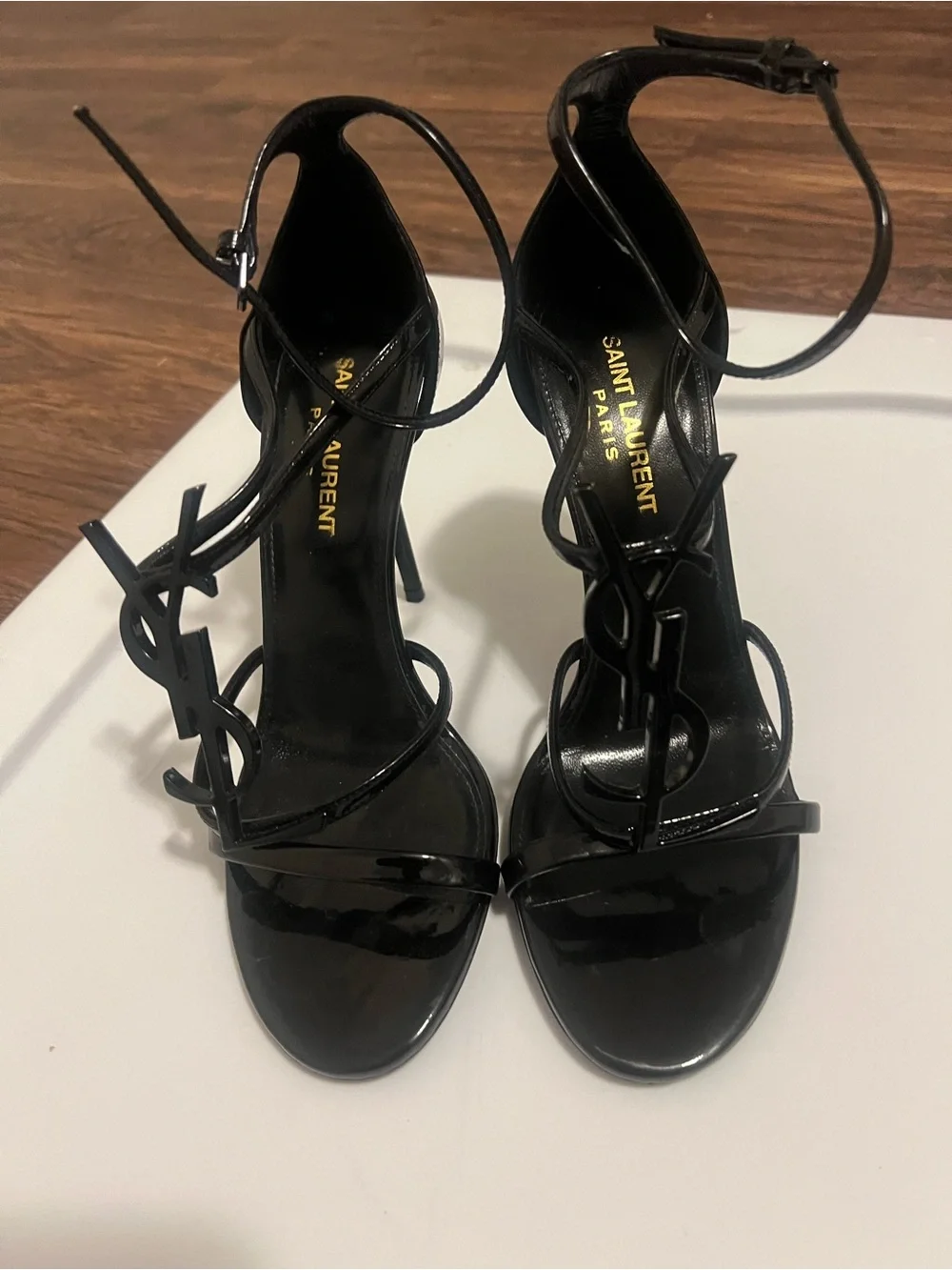 Saint Laurent Black Patent Leather YSL Logo Sandals - Picture 2 of 5